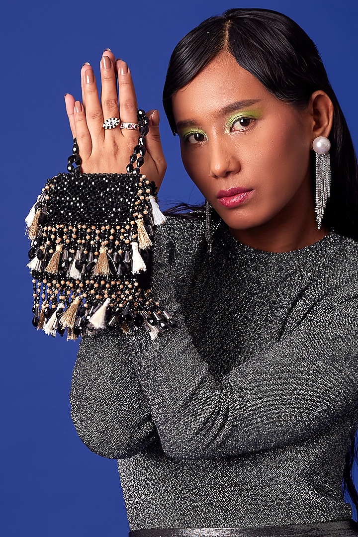 Black Crystal Latkan Work Mini Bag by Forever Noor at Pernia's Pop Up Shop