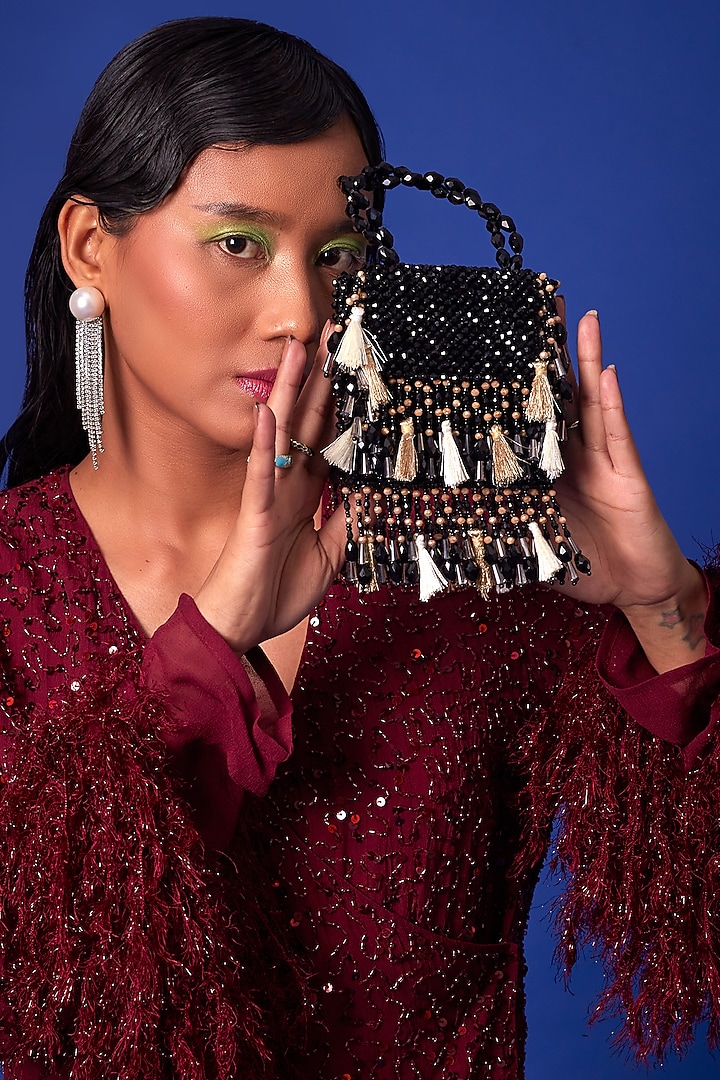 Black Crystal Latkan Work Mini Bag by Forever Noor at Pernia's Pop Up Shop