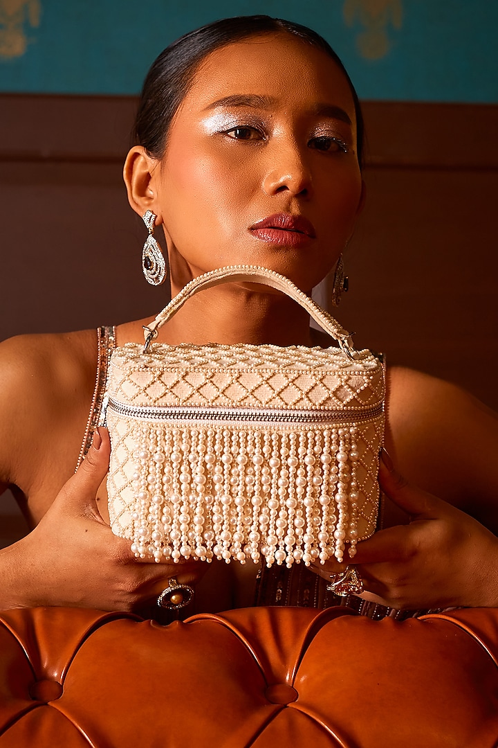 Pearl White Suede Pearl Work Cube Bag by Forever Noor at Pernia's Pop Up Shop