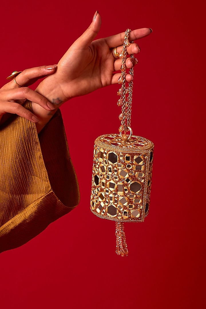 Golden Georgette Mirror Embroidered Mini Bucket Bag by Forever Noor at Pernia's Pop Up Shop