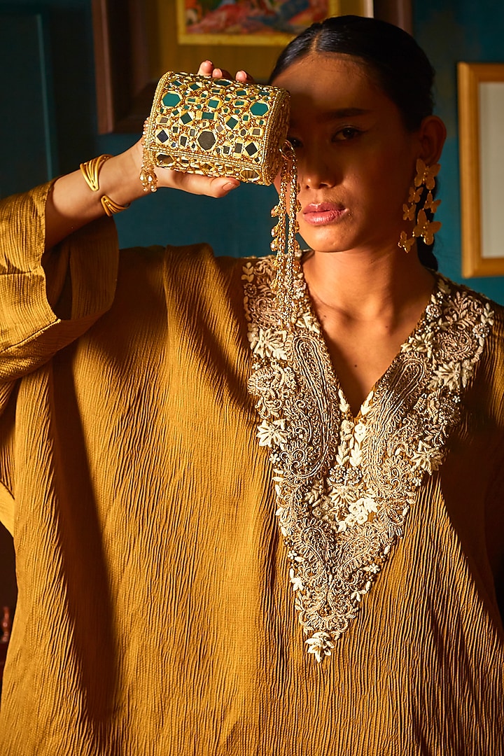 Golden Georgette Mirror Embroidered Mini Bucket Bag by Forever Noor at Pernia's Pop Up Shop