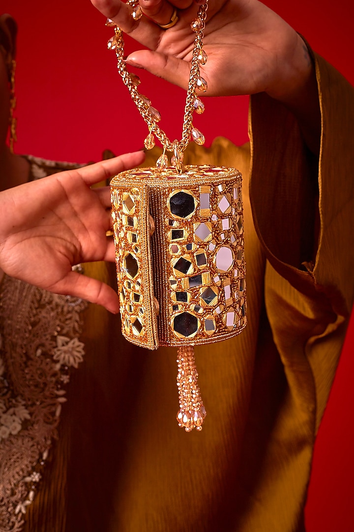 Golden Georgette Mirror Embroidered Mini Bucket Bag by Forever Noor at Pernia's Pop Up Shop