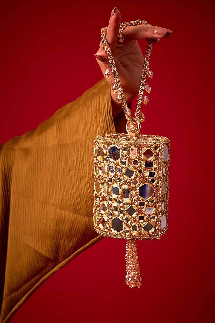 Golden Georgette Mirror Embroidered Mini Bucket Bag by Forever Noor at Pernia's Pop Up Shop