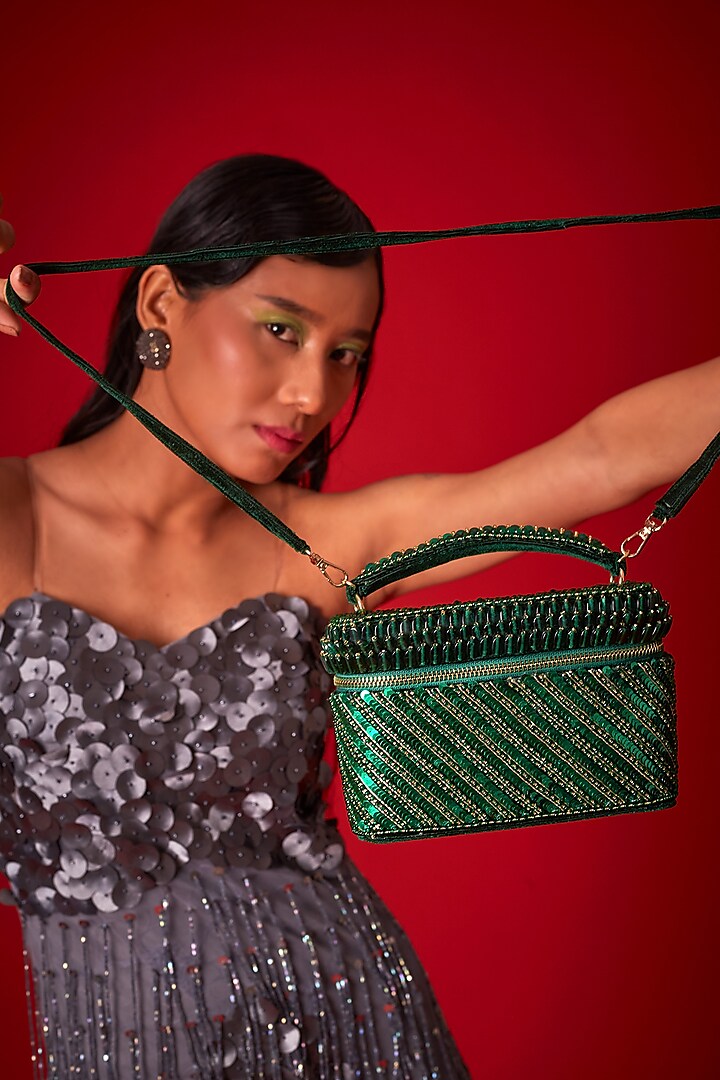 Green Georgette & Suede Sequins Jaal Work Cube Bag by Forever Noor