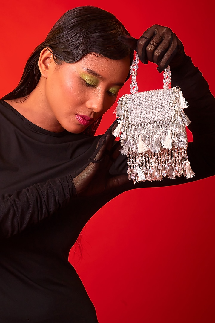 Silver Crystal Latkan Work Mini Bag by Forever Noor at Pernia's Pop Up Shop