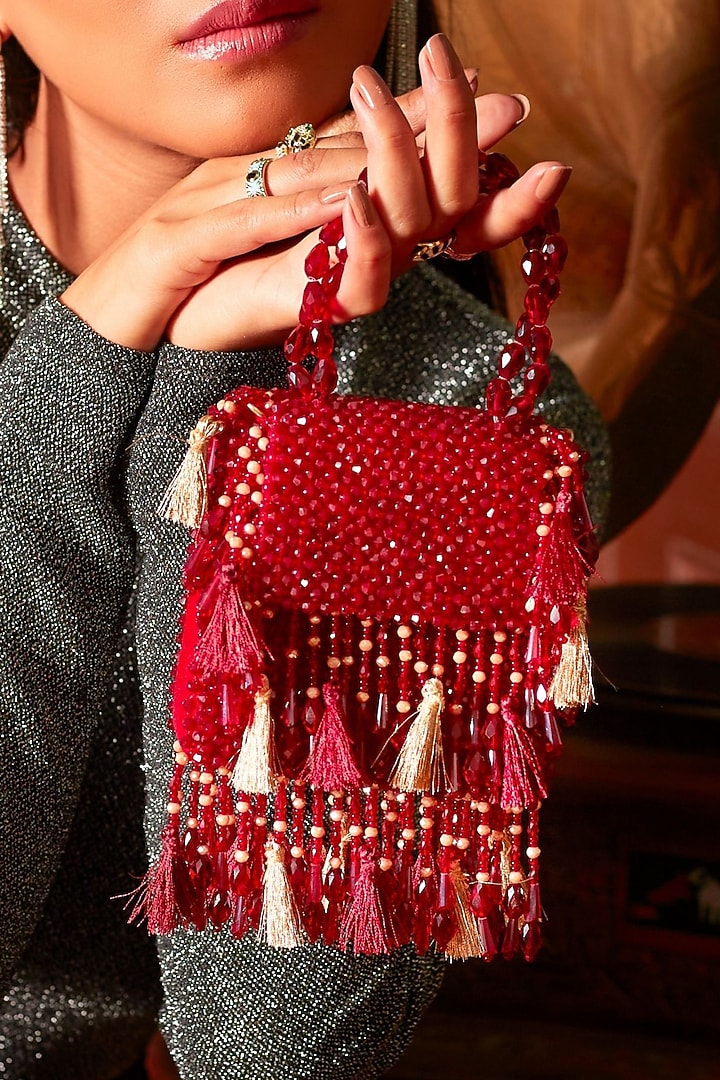 Red Crystal Latkan Work Mini Bag by Forever Noor at Pernia's Pop Up Shop