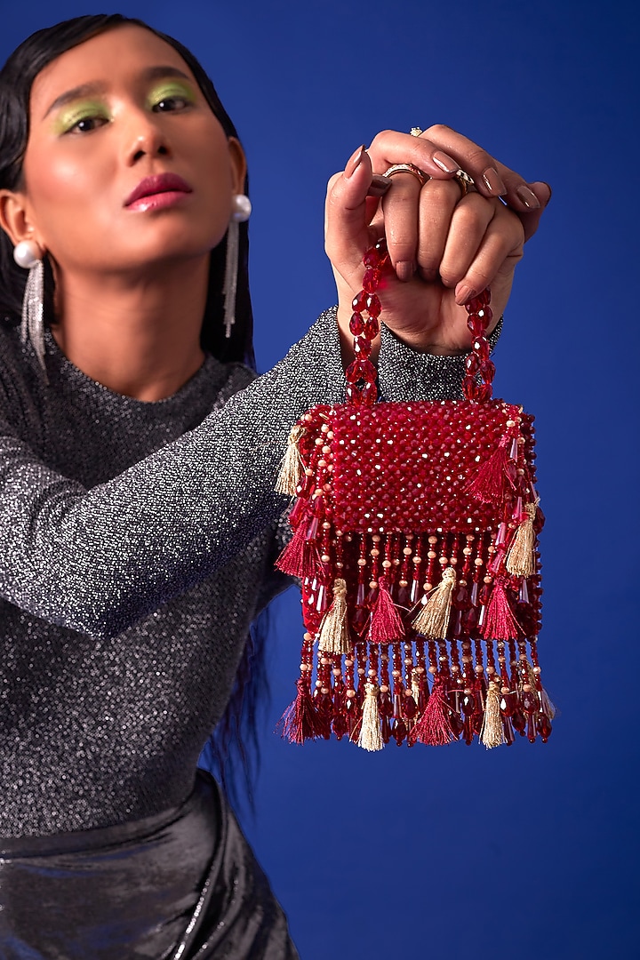 Red Crystal Latkan Work Mini Bag by Forever Noor at Pernia's Pop Up Shop