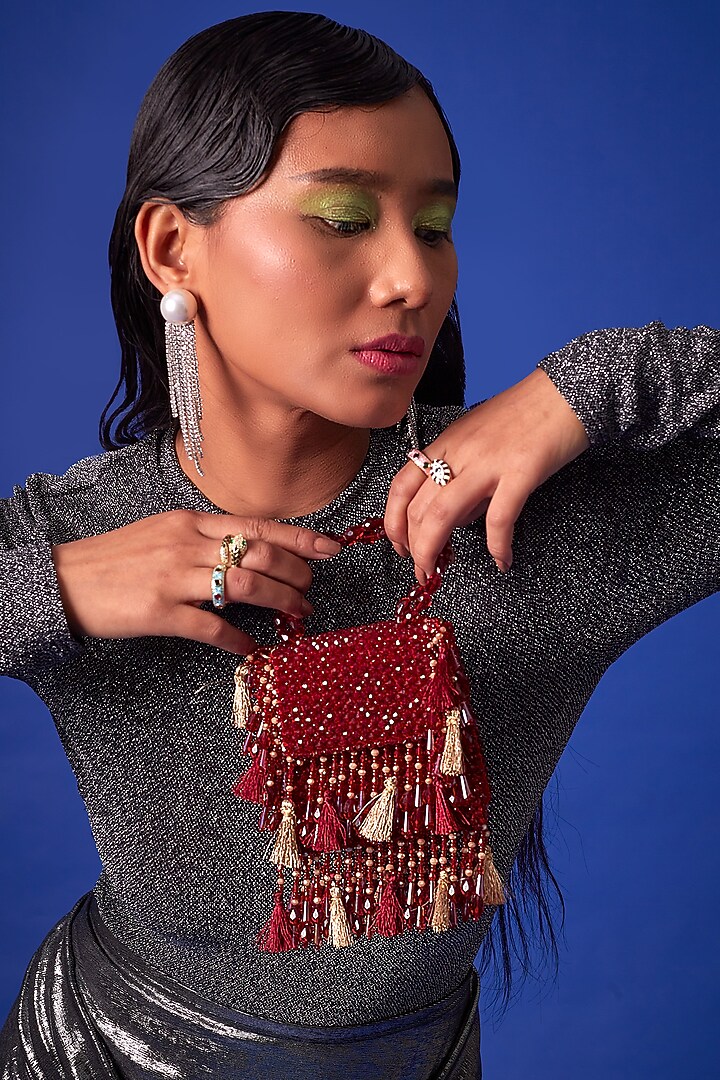 Red Crystal Latkan Work Mini Bag by Forever Noor at Pernia's Pop Up Shop