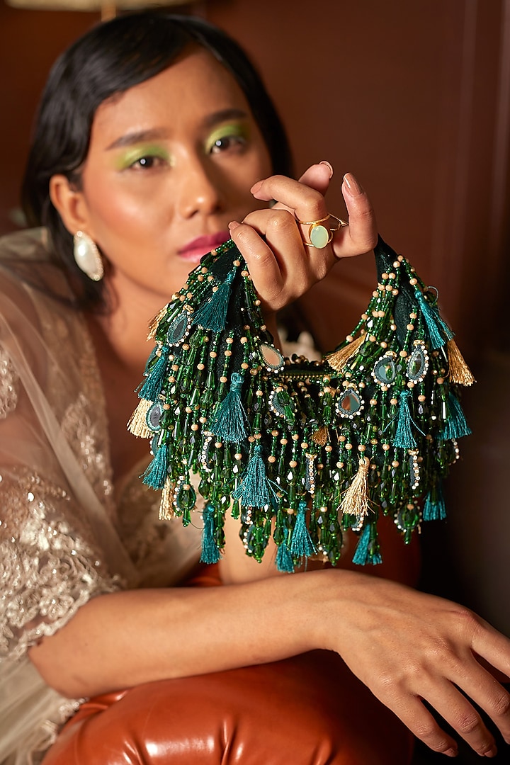 Green Velvet Mirror & Pearl Embellished Boat Bag by Forever Noor at Pernia's Pop Up Shop