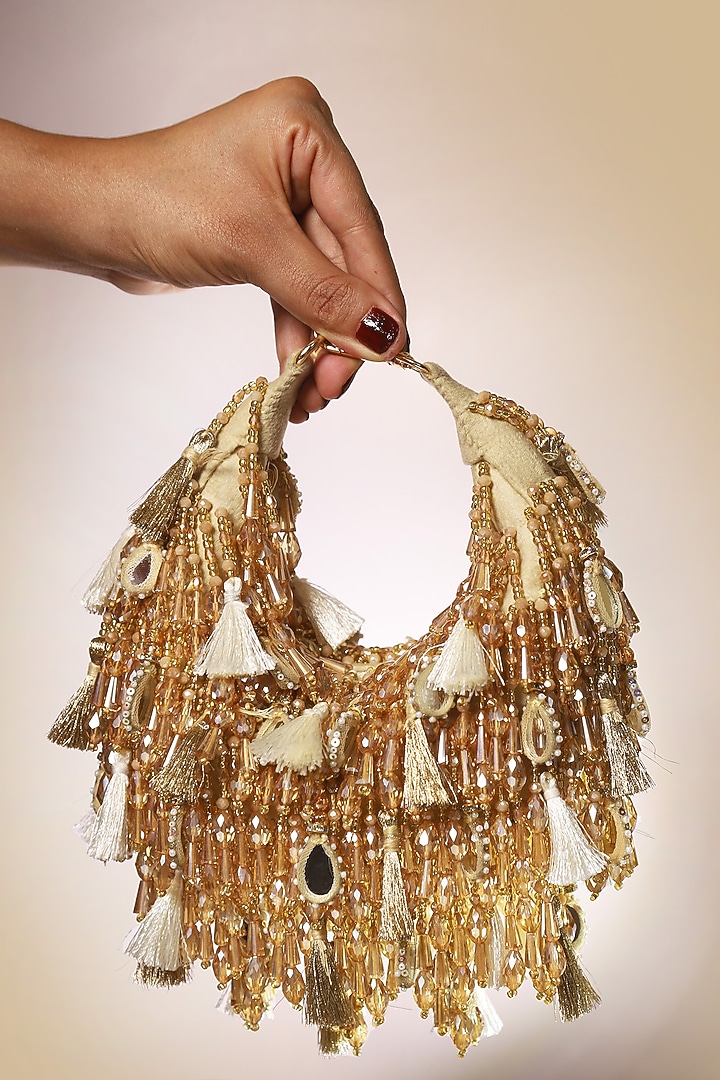 Gold Suede Embellished Handbag by Forever Noor at Pernia's Pop Up Shop
