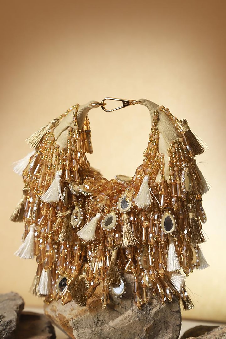 Gold Suede Embellished Handbag by Forever Noor at Pernia's Pop Up Shop