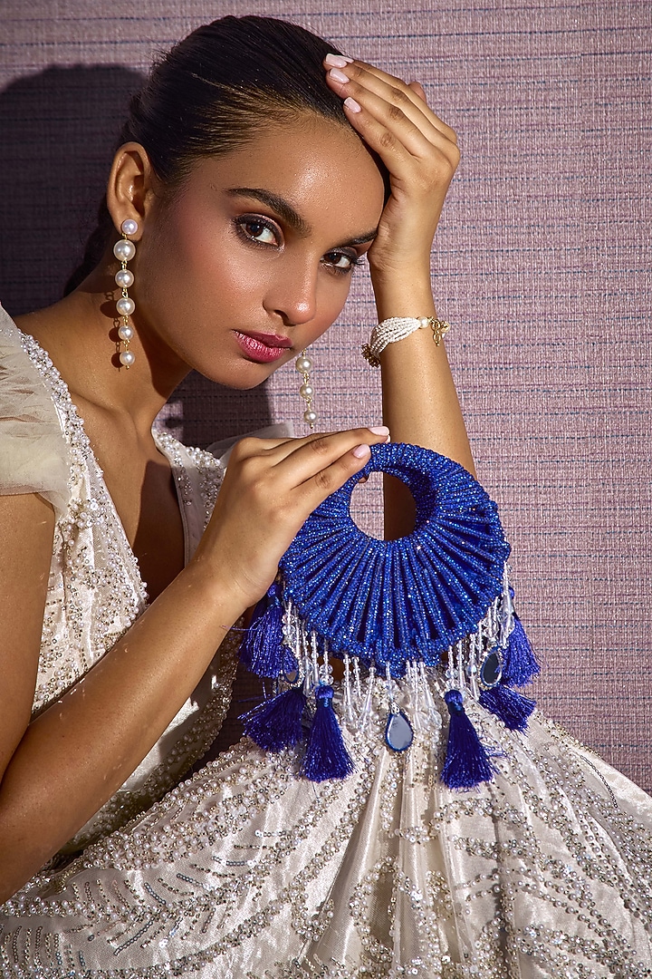 Blue Suede Embellished Handbag by Forever Noor at Pernia's Pop Up Shop