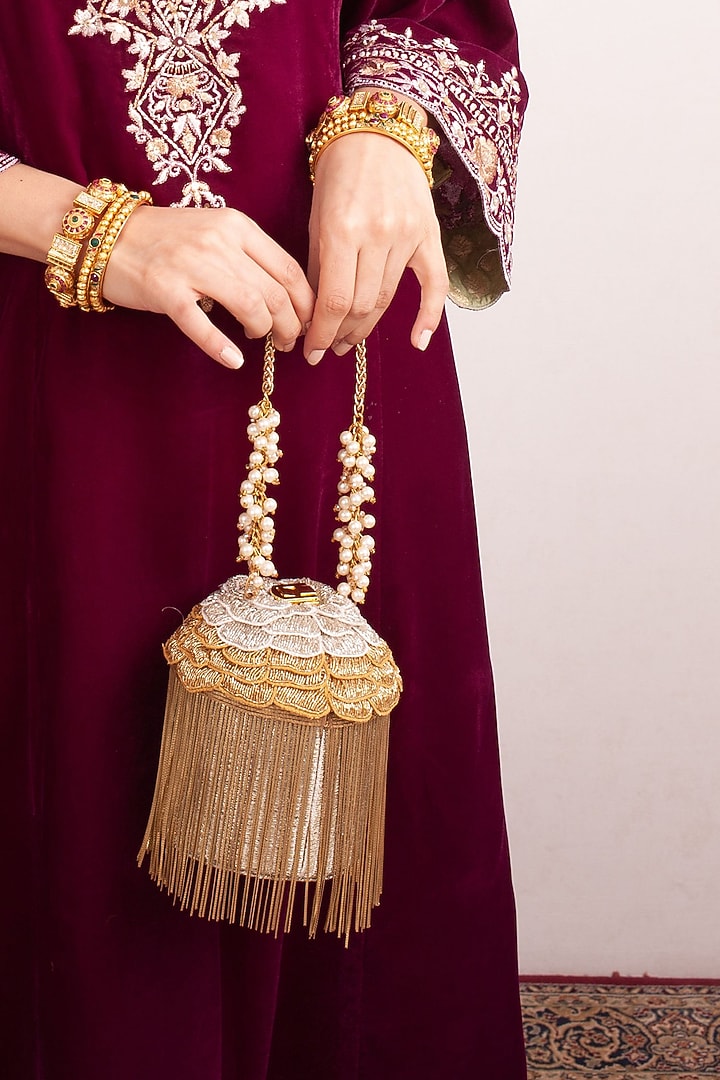 Golden Georgette Handcrafted Bag by Forever Noor at Pernia's Pop Up Shop