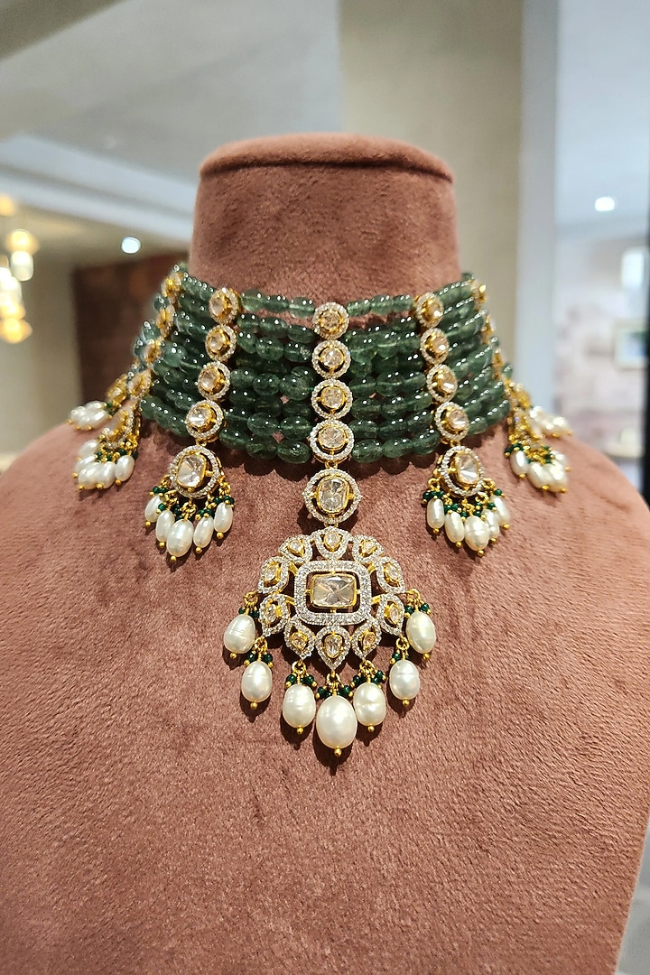 Yellow Gold Rhodium Finish Green Moissanite Polki Choker Necklace Set In Sterling Silver by Fine Silver Jewels at Pernia's Pop Up Shop