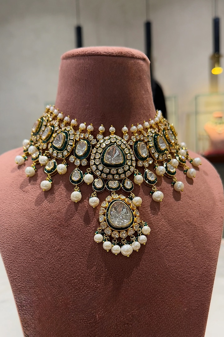 Yellow Gold Rhodium Finish Kundan Polki & Pearl Green Meenakari Necklace In Sterling Silver by Fine Silver Jewels at Pernia's Pop Up Shop