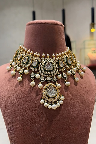 Yellow Gold Rhodium Finish Kundan Polki & Pearl Green Meenakari Necklace In Sterling Silver by Fine Silver Jewels