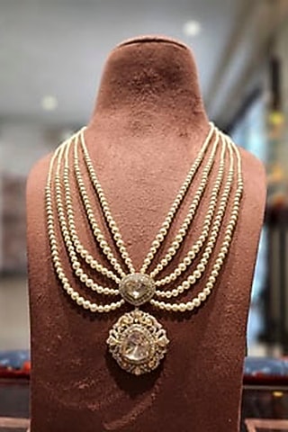 Yellow Gold Rhodium Finish Moissanite Polki & Swarovski Pearl Long Necklace In Sterling Silver by Fine Silver Jewels