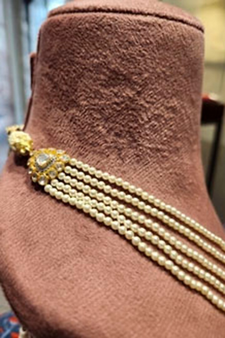 Yellow Gold Rhodium Finish Moissanite Polki & Swarovski Pearl Long Necklace In Sterling Silver by Fine Silver Jewels at Pernia's Pop Up Shop