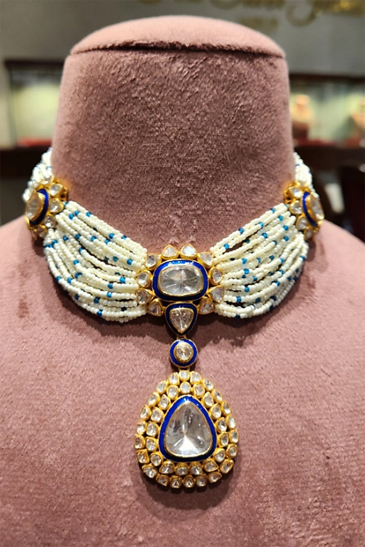 Yellow Gold Rhodium Finish Pearl Blue Meenakari Choker Necklace Set In Sterling Silver by Fine Silver Jewels at Pernia's Pop Up Shop