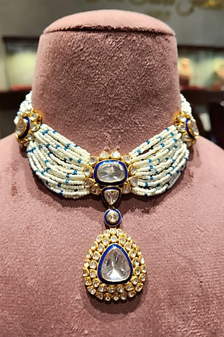 Yellow Gold Rhodium Finish Pearl Blue Meenakari Choker Necklace Set In Sterling Silver by Fine Silver Jewels