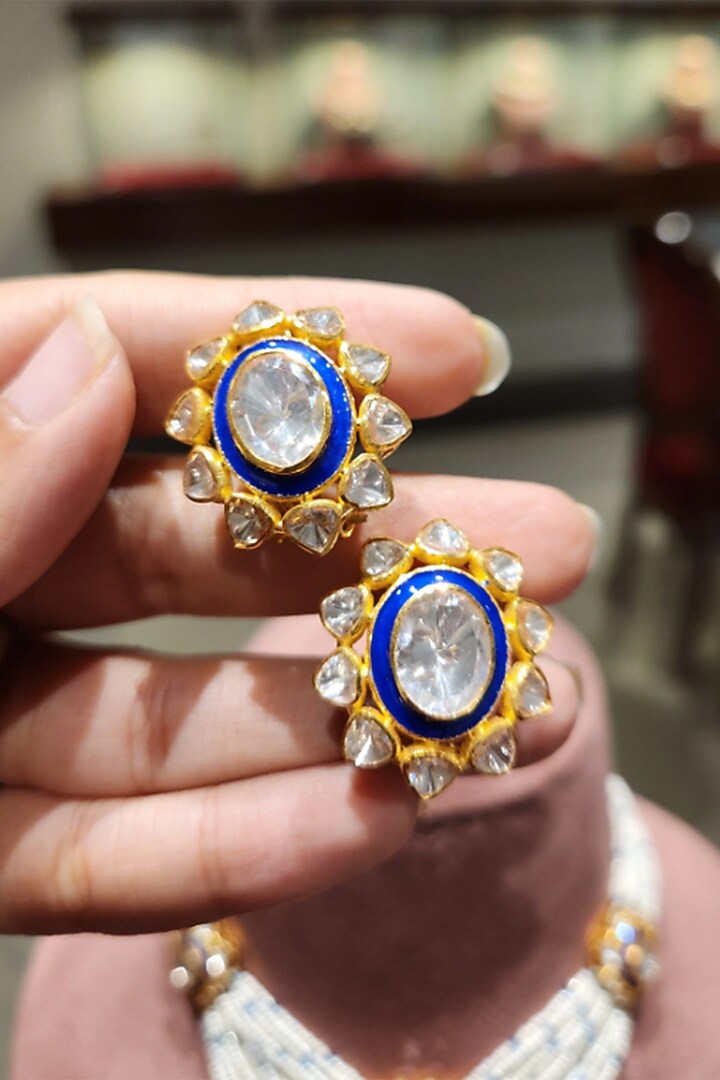 Yellow Gold Rhodium Finish Pearl Blue Meenakari Choker Necklace Set In Sterling Silver by Fine Silver Jewels at Pernia's Pop Up Shop
