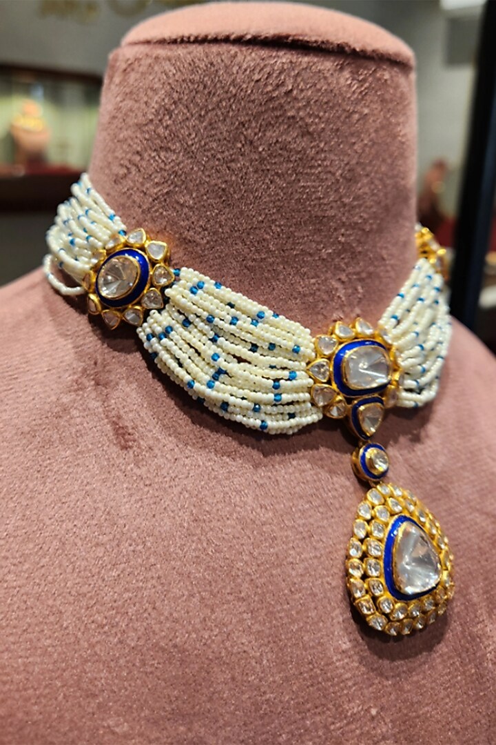 Yellow Gold Rhodium Finish Pearl Blue Meenakari Choker Necklace Set In Sterling Silver by Fine Silver Jewels at Pernia's Pop Up Shop