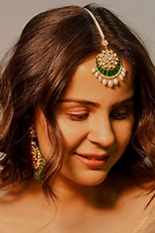 Yellow Gold Rhodium Finish Green Moissanite Polki Maangtikka In Sterling Silver by Fine Silver Jewels