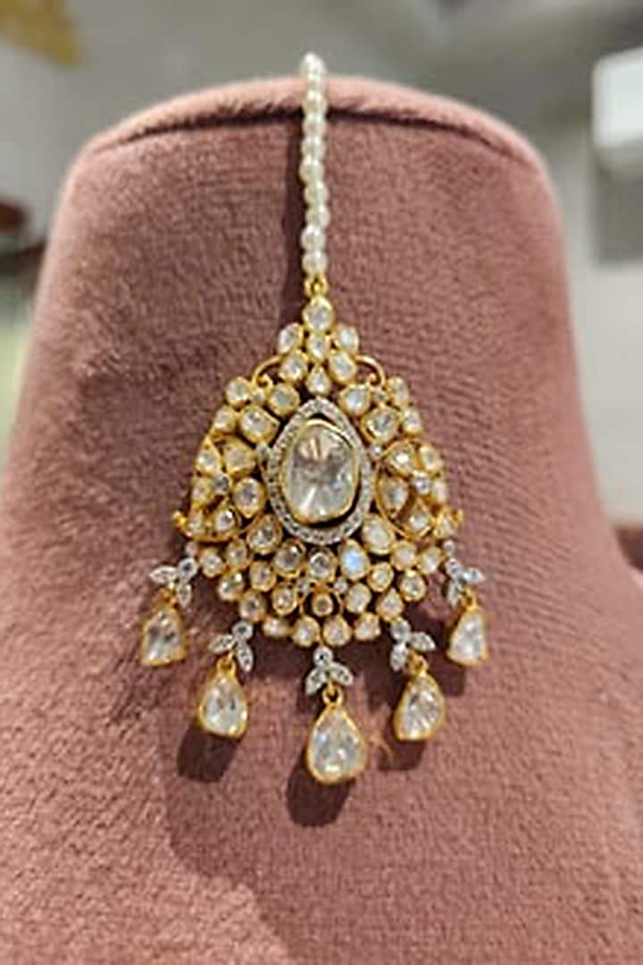 Yellow Gold Rhodium Finish Moissanite Polki Maangtikka In Sterling Silver by Fine Silver Jewels at Pernia's Pop Up Shop