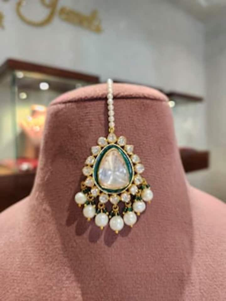 Yellow Gold Rhodium Finish Pearl & Kundan Polki Green Meenakari Maangtikka In Sterling Silver by Fine Silver Jewels at Pernia's Pop Up Shop