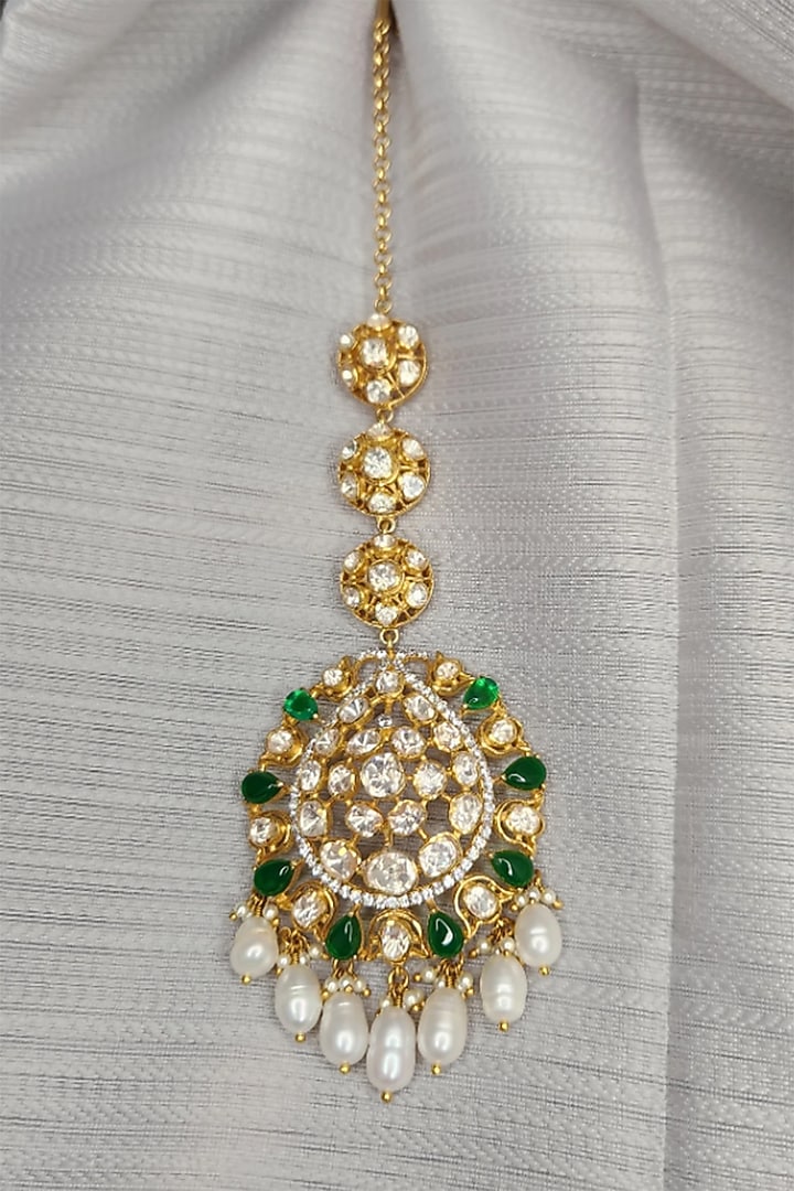 Yellow Gold Rhodium Finish Green Kundan Polki Maangtikka & Earrings Set In Sterling Silver by Fine Silver Jewels at Pernia's Pop Up Shop