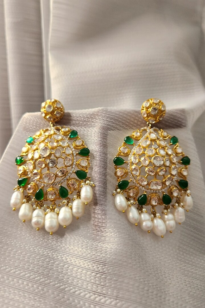 Yellow Gold Rhodium Finish Green Kundan Polki Maangtikka & Earrings Set In Sterling Silver by Fine Silver Jewels at Pernia's Pop Up Shop
