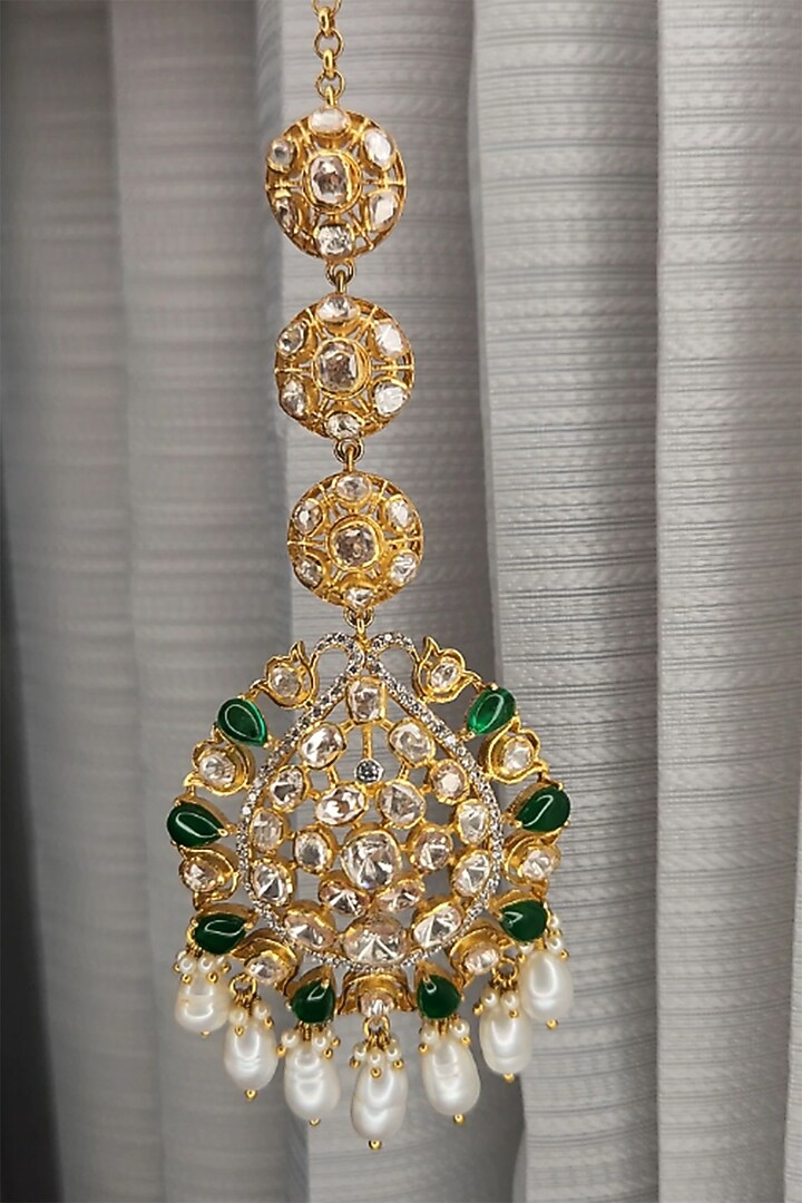 Yellow Gold Rhodium Finish Green Kundan Polki Maangtikka & Earrings Set In Sterling Silver by Fine Silver Jewels at Pernia's Pop Up Shop