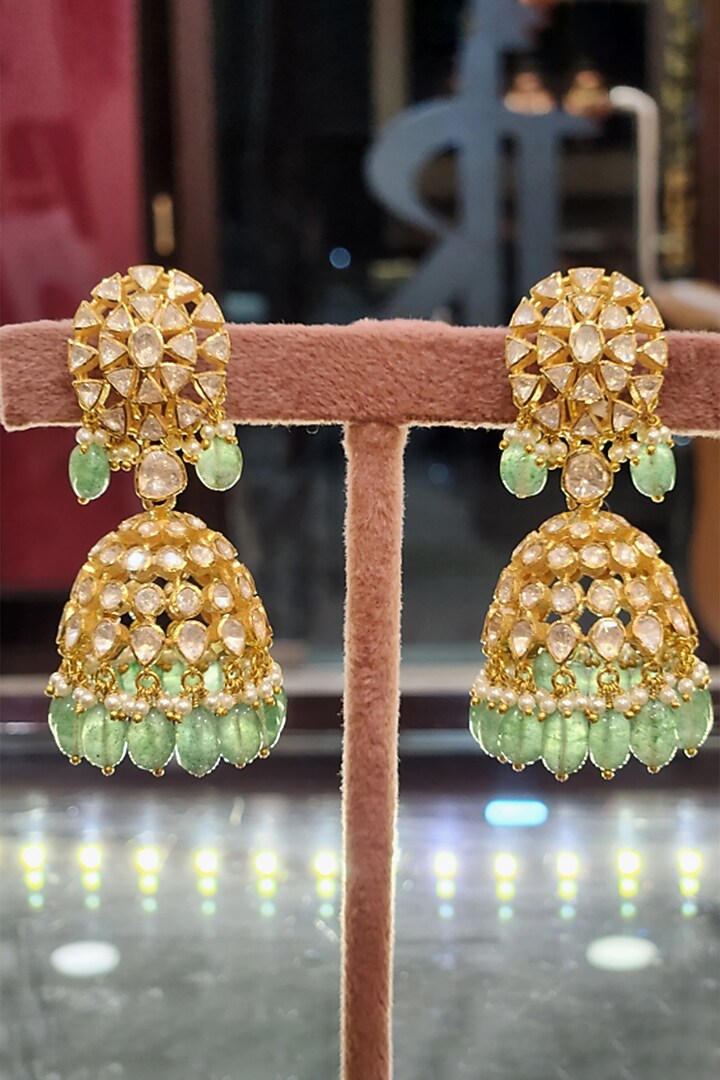 Yellow Gold Finish Kundan Polki & Green Hanging Dangler Earrings In Sterling Silver by Fine Silver Jewels at Pernia's Pop Up Shop