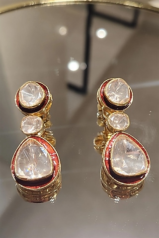 Yellow Gold Finish Kundan Polki Red Meenakari Dangler Earrings In Sterling Silver by Fine Silver Jewels