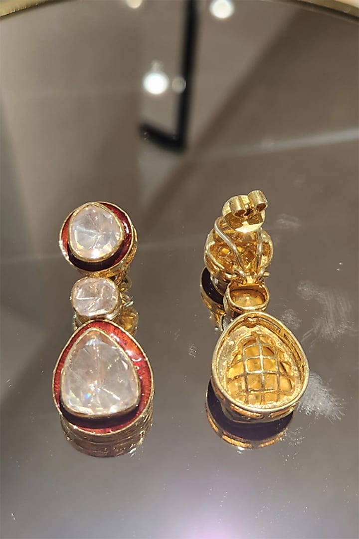 Yellow Gold Finish Kundan Polki Red Meenakari Dangler Earrings In Sterling Silver by Fine Silver Jewels at Pernia's Pop Up Shop