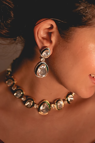 Yellow Gold Rhodium Finish Kundan Polki Green Meenakari Necklace Set In Sterling Silver by Fine Silver Jewels
