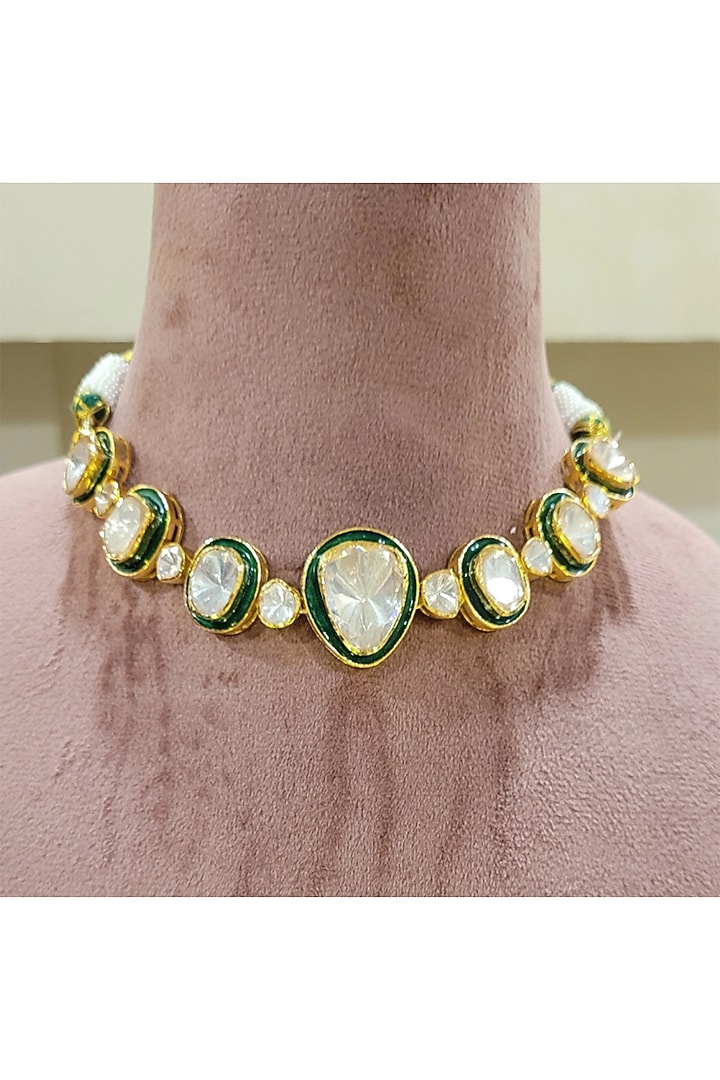 Yellow Gold Rhodium Finish Kundan Polki Green Meenakari Necklace Set In Sterling Silver by Fine Silver Jewels at Pernia's Pop Up Shop