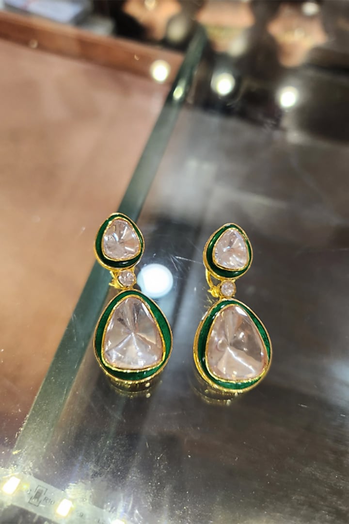 Yellow Gold Rhodium Finish Kundan Polki Green Meenakari Necklace Set In Sterling Silver by Fine Silver Jewels at Pernia's Pop Up Shop