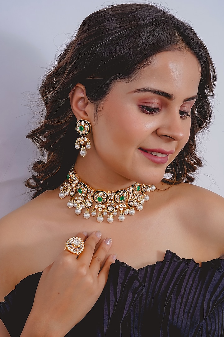 Yellow Gold Rhodium Finish Kundan Polki & Pearl Meenakari Necklace Set In Sterling Silver by Fine Silver Jewels at Pernia's Pop Up Shop