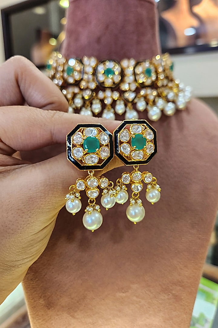 Yellow Gold Rhodium Finish Kundan Polki & Pearl Meenakari Necklace Set In Sterling Silver by Fine Silver Jewels at Pernia's Pop Up Shop
