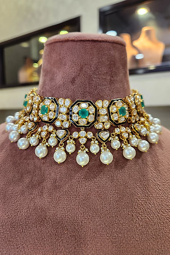 Yellow Gold Rhodium Finish Kundan Polki & Pearl Meenakari Necklace Set In Sterling Silver by Fine Silver Jewels at Pernia's Pop Up Shop