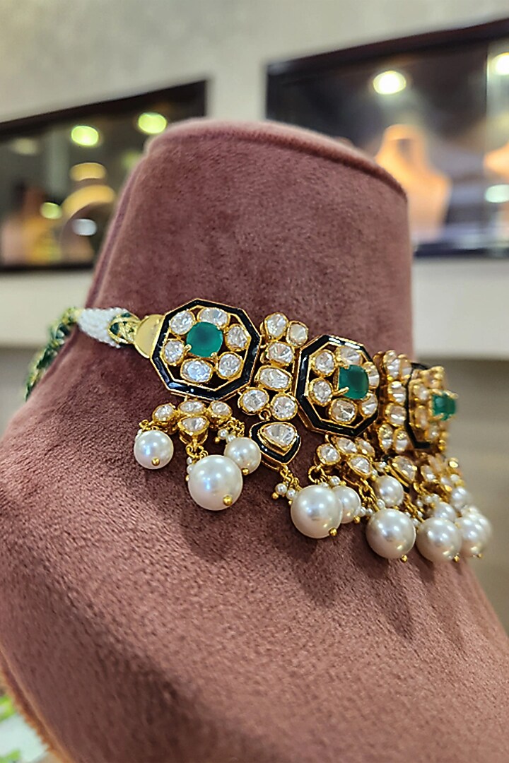 Yellow Gold Rhodium Finish Kundan Polki & Pearl Meenakari Necklace Set In Sterling Silver by Fine Silver Jewels at Pernia's Pop Up Shop
