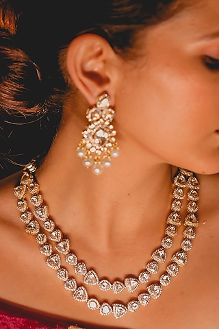 Yellow Gold Rhodium Finish Kundan Polki Necklace Set In Sterling Silver by Fine Silver Jewels