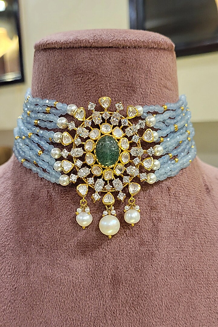 Yellow Gold Rhodium Finish Blue Kundan Polki Choker Necklace In Sterling Silver by Fine Silver Jewels at Pernia's Pop Up Shop