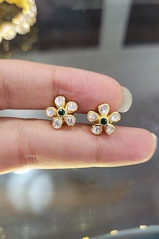 Yellow Gold Finish Green Kundan Polki Earrings In Sterling Silver by Fine Silver Jewels
