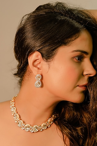 Yellow Gold Rhodium Finish Kundan Polki Necklace Set In Sterling Silver by Fine Silver Jewels