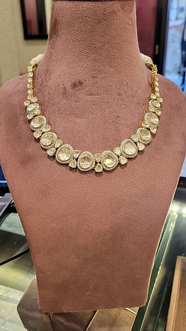 Yellow Gold Rhodium Finish Kundan Polki Necklace Set In Sterling Silver by Fine Silver Jewels at Pernia's Pop Up Shop