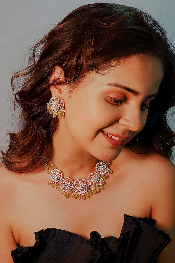 Yellow Gold Rhodium Finish Kundan Polki Necklace Set In Sterling Silver by Fine Silver Jewels at Pernia's Pop Up Shop