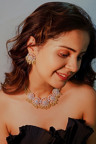 Yellow Gold Rhodium Finish Kundan Polki Necklace Set In Sterling Silver by Fine Silver Jewels