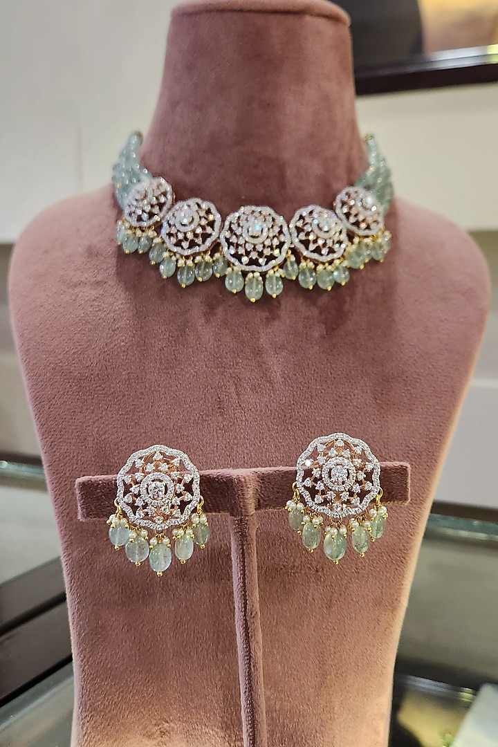 Yellow Gold Rhodium Finish Kundan Polki Necklace Set In Sterling Silver by Fine Silver Jewels at Pernia's Pop Up Shop